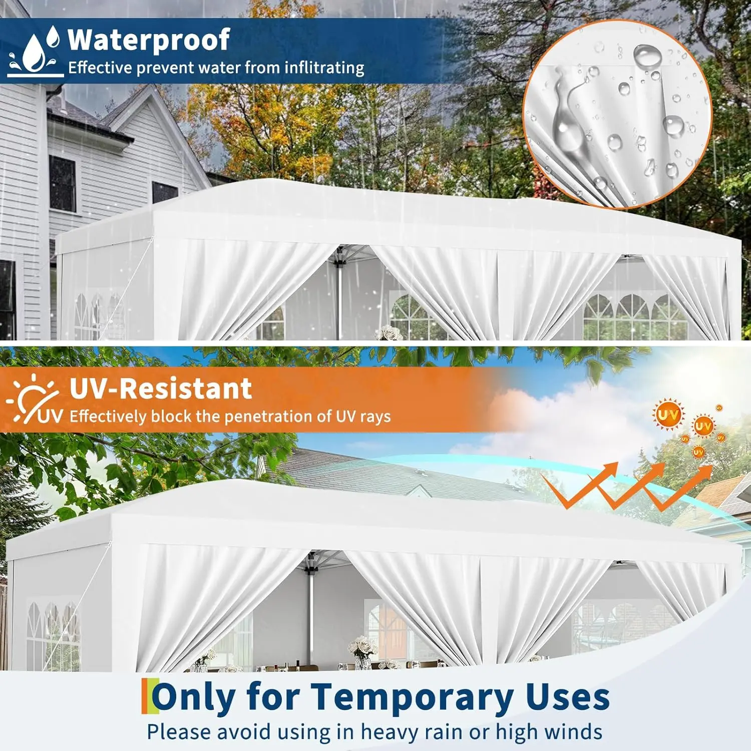 10x20 Heavy Duty Pop Up Canopy Tent with 6 Removable Sidewalls, Easy Up Commercial Canopy Tents for Parties, Large Outdoor Canopies with 3 Adjustable Heights, Stakes X18, Ropes X6,White