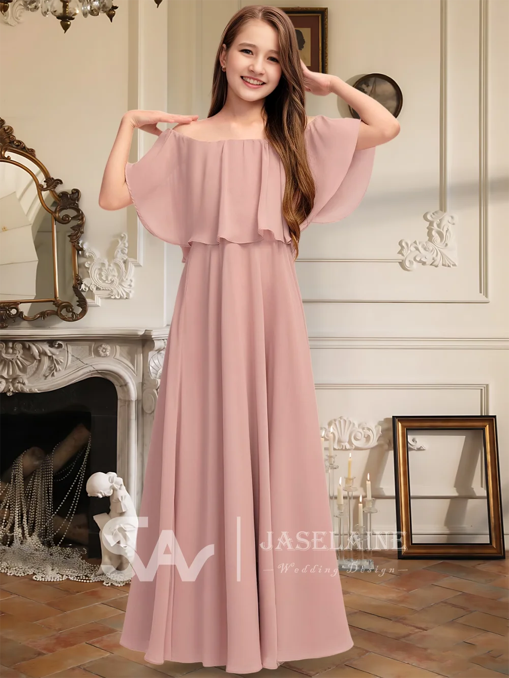

A A-Line Off The Shoulder Floor-Length Chiffon Junior Bridesmaid Dress Pleated Flower Girl Dress Girl Party Wedding Formal