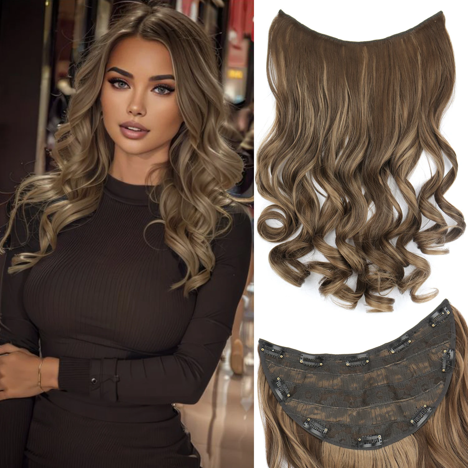 U자형 긴 곱슬 머리 익스텐션, 합성 22 인치 원피스, 블랙 다크 브라운, 내열성 타입, 여성용 헤어 액세서리