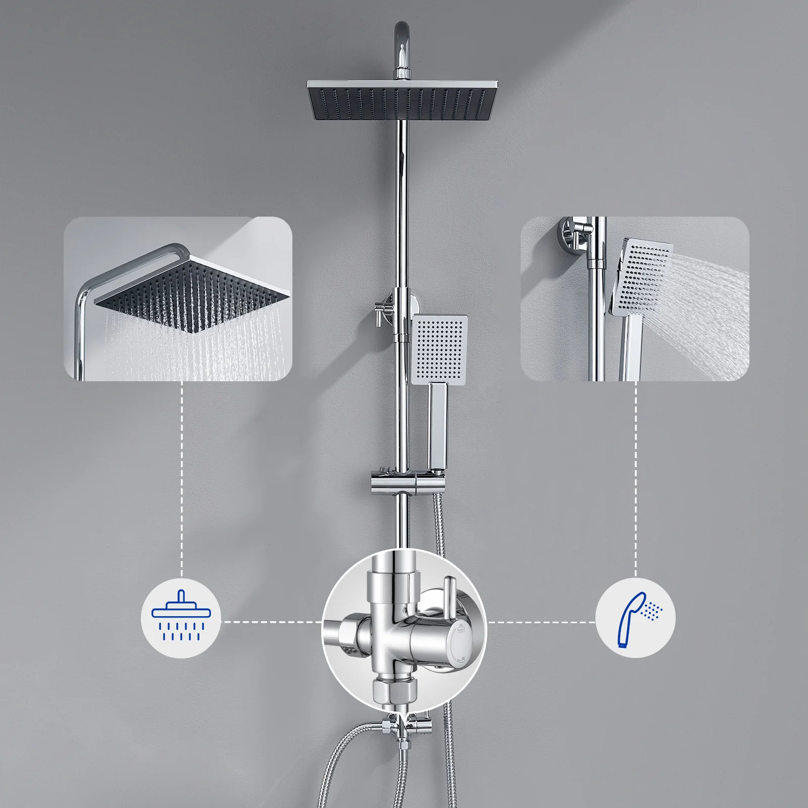 Ensemble de barre de douche réglable, douche de tête 25 cm + douchette, chromé, installation facile, barre de douche