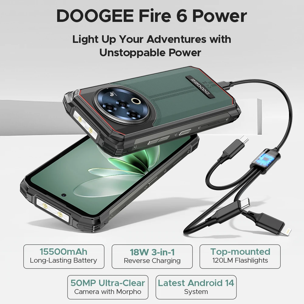 DOOGEE Fire 6 Power Dual Flashlight Rugged Smartphone 15500mAh 20GB(8+12) 256GB 6.56