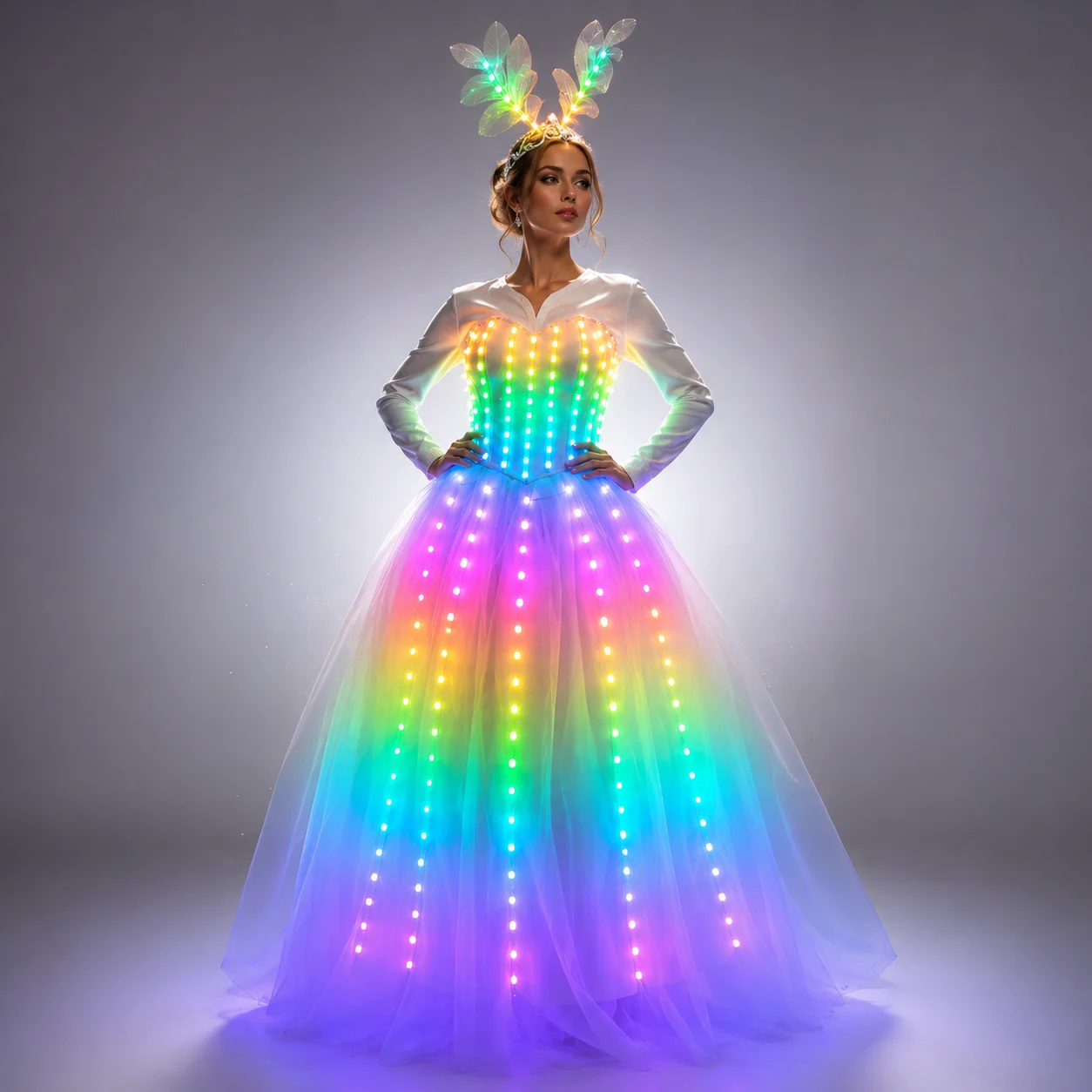 Vollfarbiger Pixel-LED-Rock Flügel-Bodysuit Traumhaftes Leuchtendes Hochzeitskleid Frauen Bühnen-Sänger-Tänzer-Kostüm