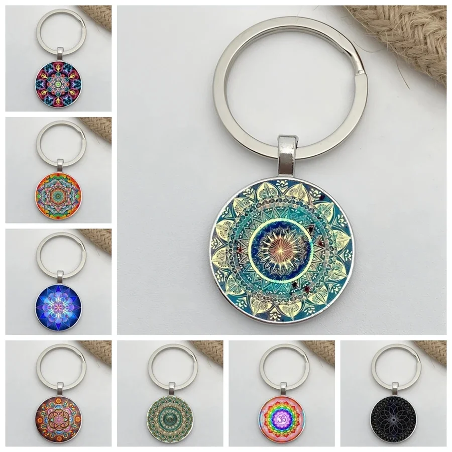 Porte-clés rétro Yoga Mandala fleur, motif Chakra bouddhiste, porte-clés en verre pour hommes et femmes, porte-clés de voiture