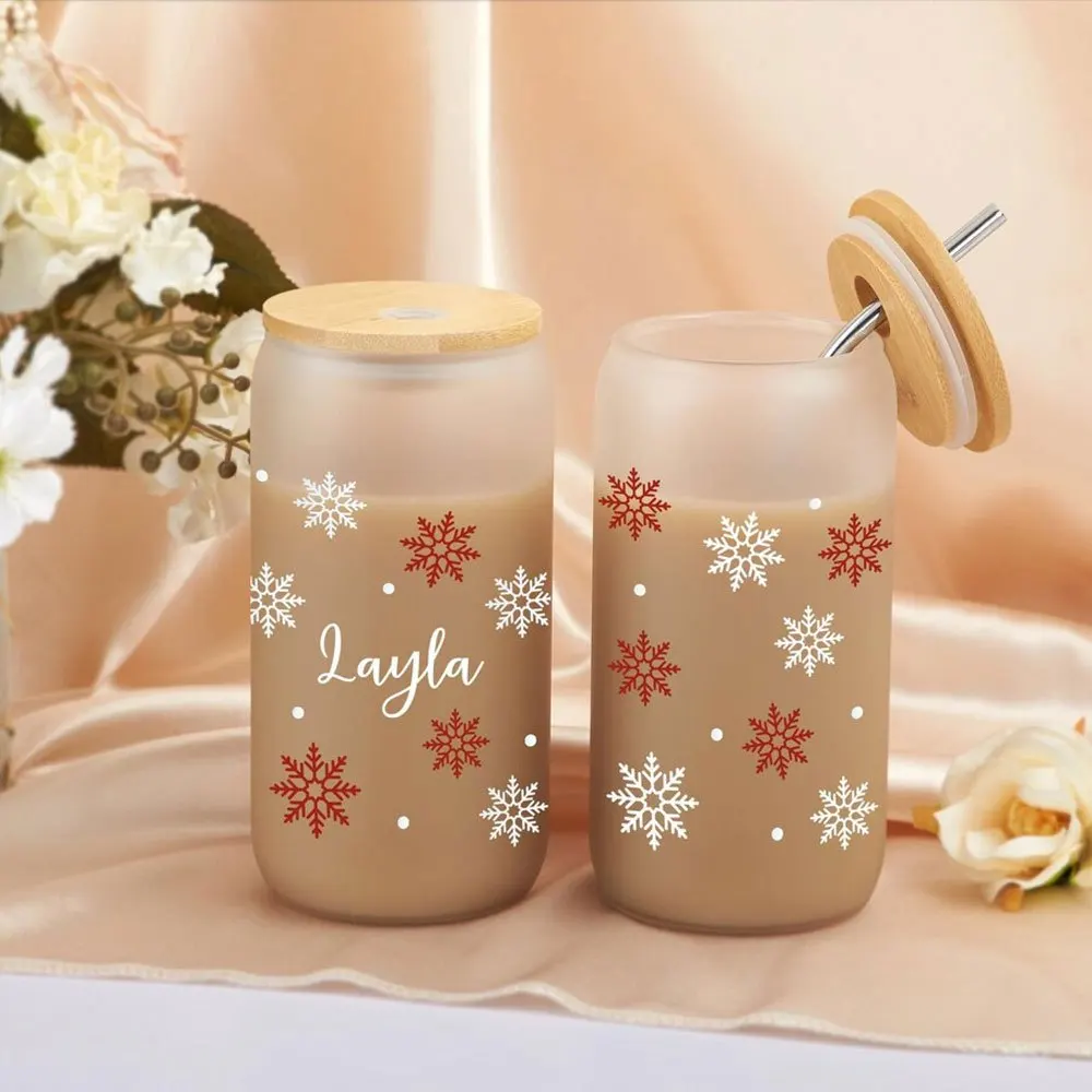 2026 New Snowflake Glass Can Cup Custom Name Iced Coffee Tumbler with Bamboo Lid and Straw, Christmas Holiday Drink Gift view 3