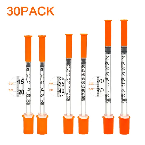 30PACK 0.3ml 0.5ml 1ml Disposable Individually Wrapped Insulin Syringe for Animals,Lab