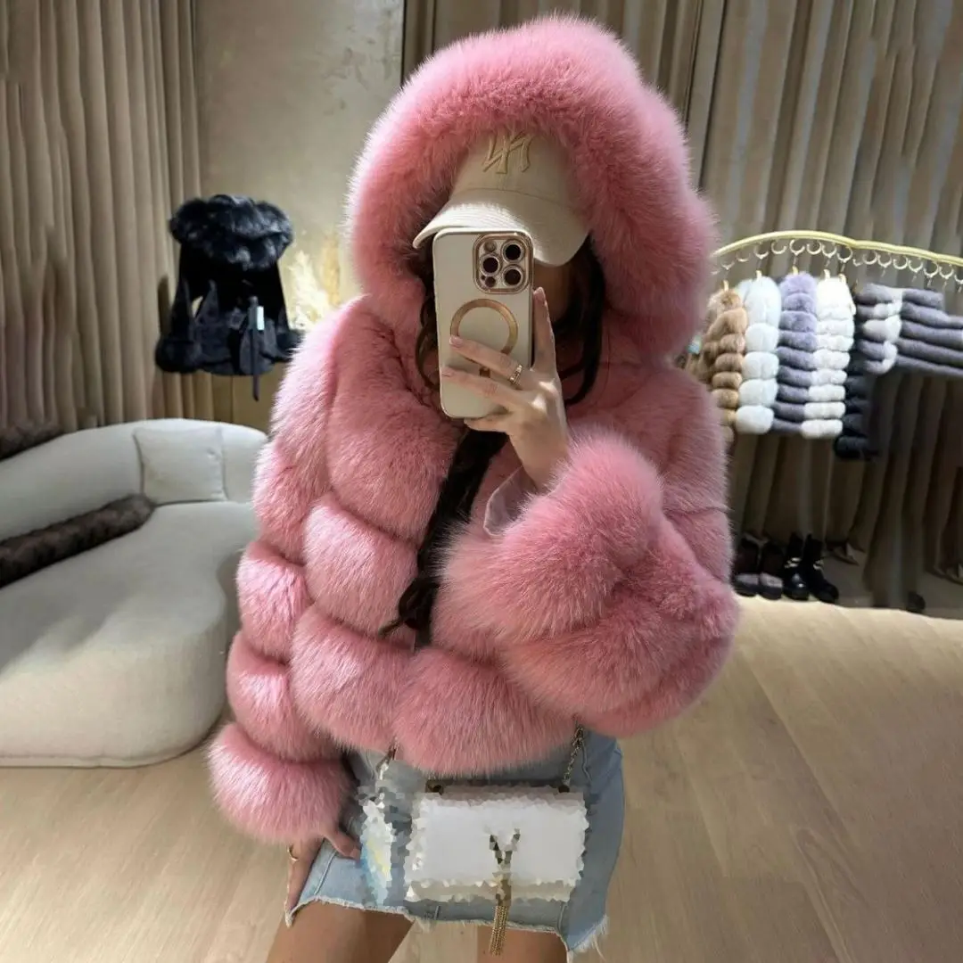 Fashion Short Natural Fox Fur Jacket with Hood High Quality Woman New Genuine Fox Fur Coats Luxury Women Fur Overcoats Natural