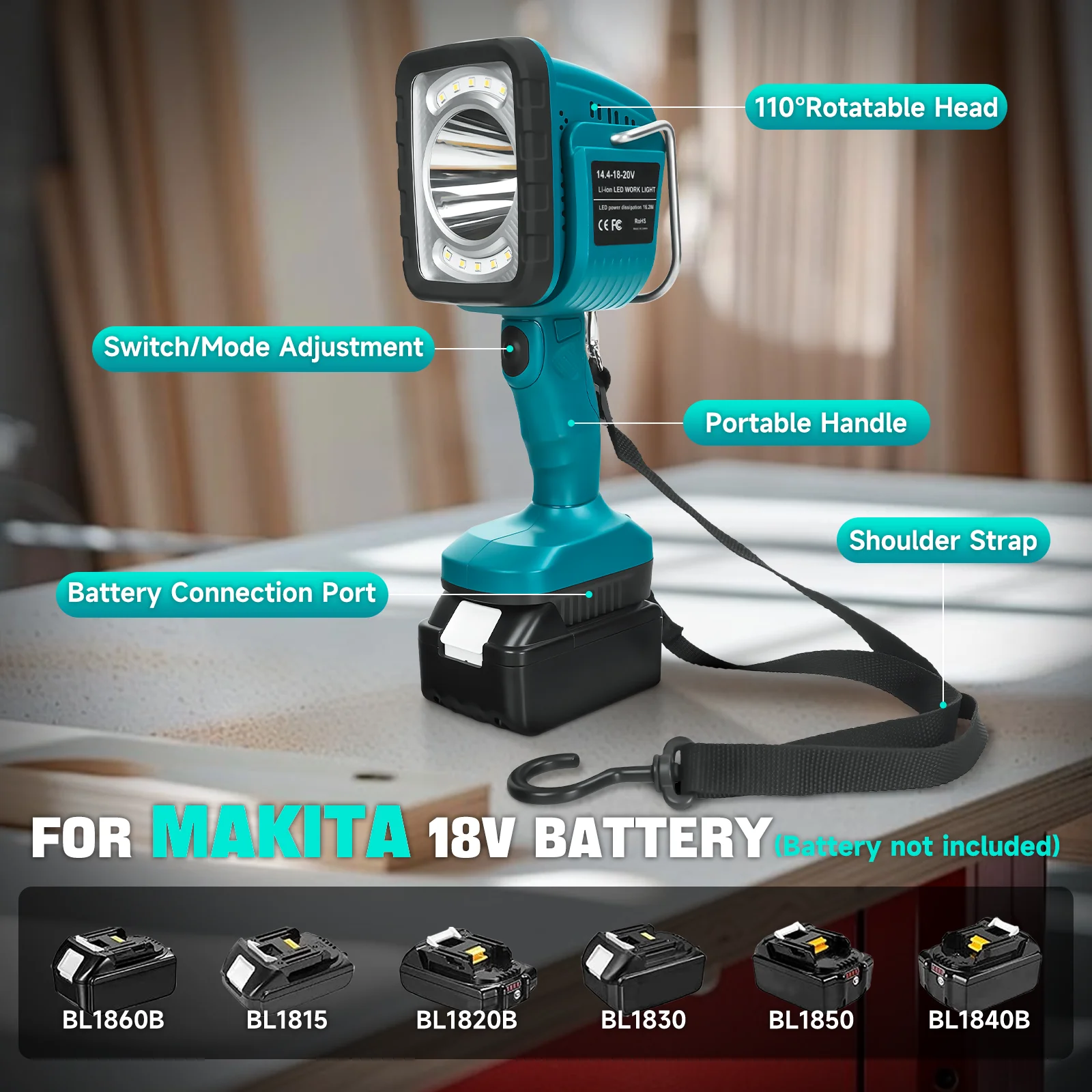 Cordless LED Work Light Flashlight 16.2W 1250LM Spotlight Outdoor Emergency Tool Light 4 Lighting Modes for Makita 18V Battery