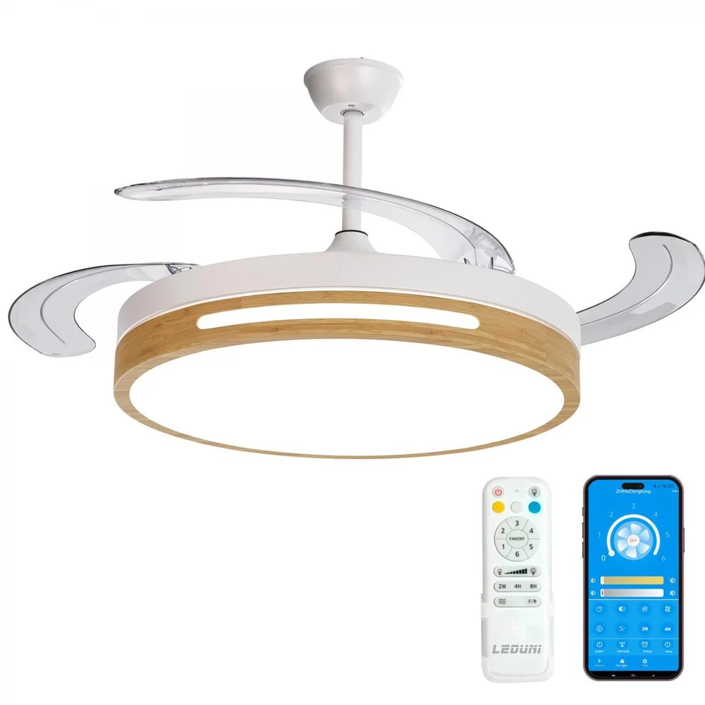 Ventilador con Luz LED con mando+APP 50CM, Motor DC +Luz LED, 66W,temporizador, 6 velocidades, aspas retráctiles, 3 temperaturas de luz, función verano-invierno Silencioso (Madera)