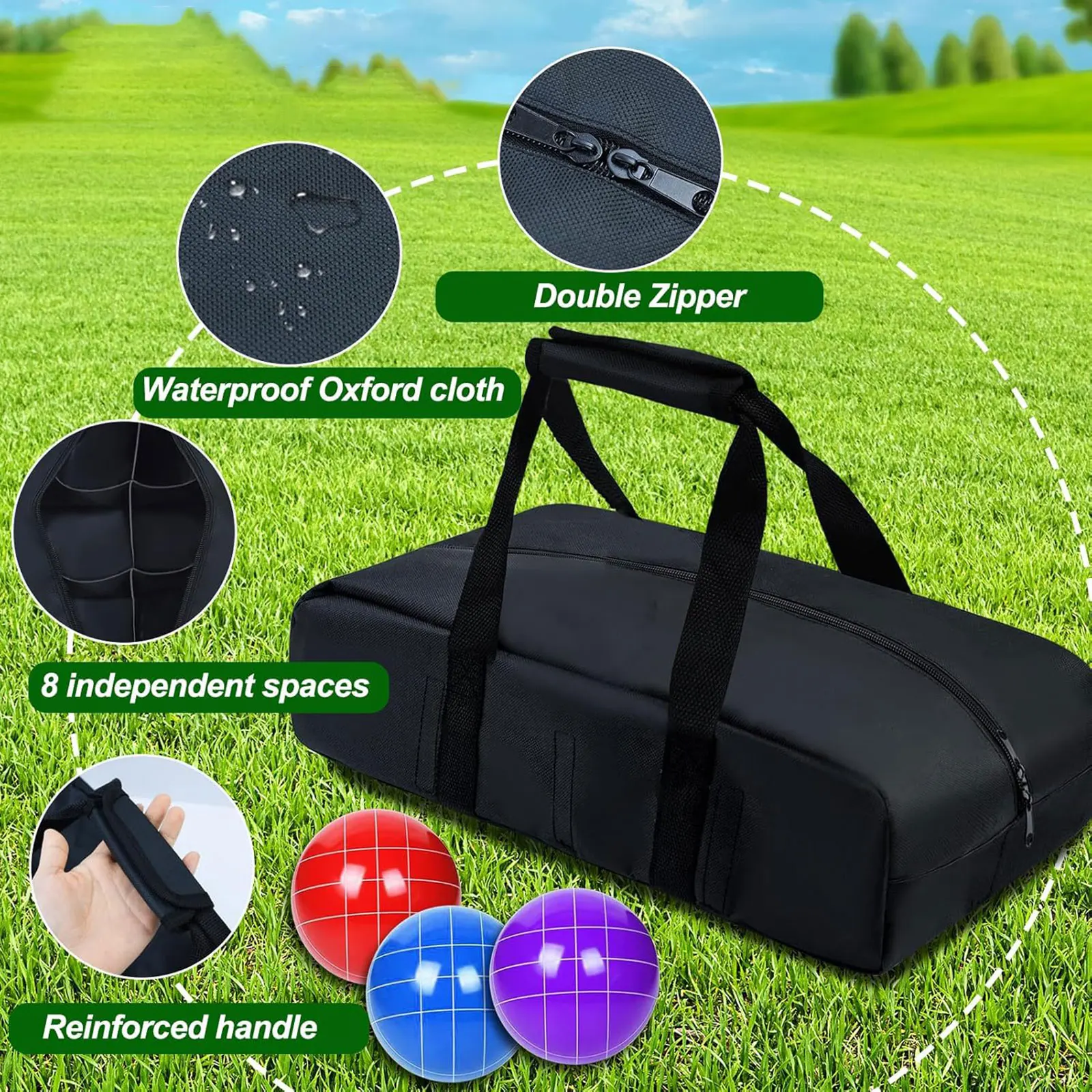 ​ Bolsa de almacenamiento profesional para bolas de Bocce, estuche de transporte con bolsillos, perfecto para deportes al aire libre, playa, patio trasero, bolsa para equipos deportivos ​ ​