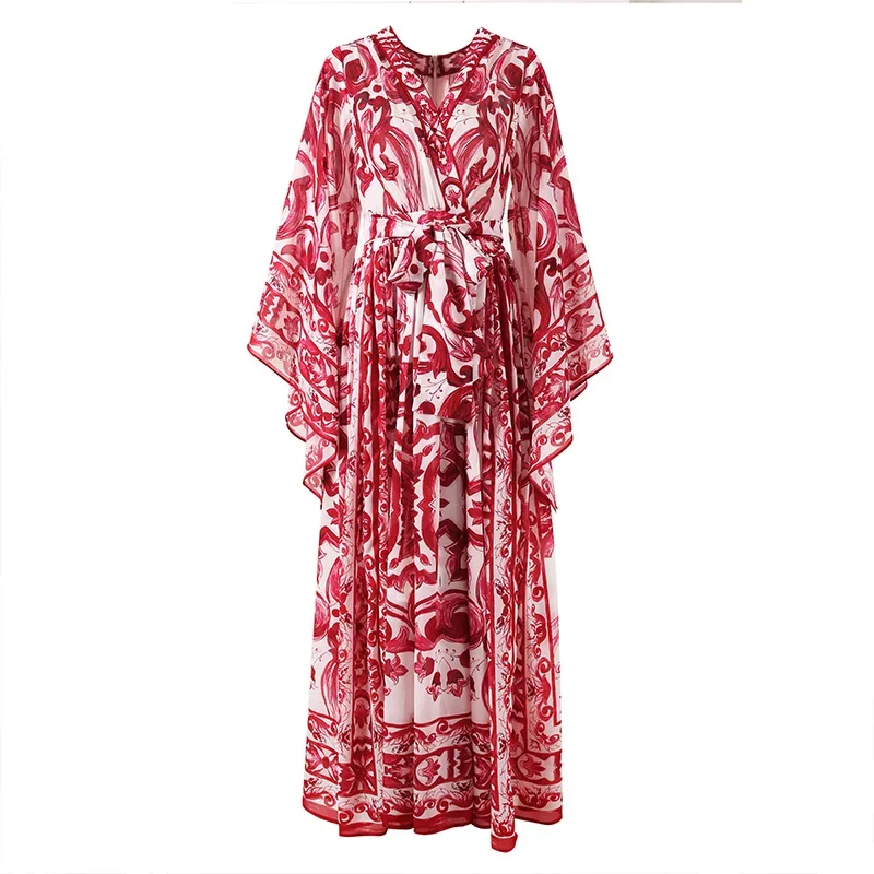 Rood Blauw En Wit Porseleinen Print Vakantie Jurk Zomer Vintage Bohemen Jurk Dames Losse Veteraan Riem Lange Gewaad Vestido - afbeelding 2