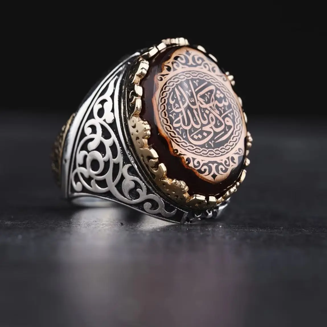 

Arabic Embroidered Red Amber Men's Sterling Silver Ring Turkish Handcrafted Adjustable and Customizable Silver Ring Men's Gift