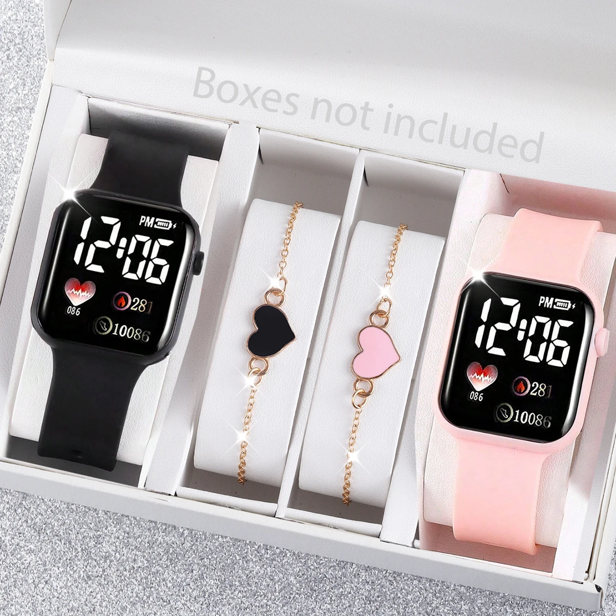 4-Piece Set, Children's Electronic Watch with Love Bracelet Set, Silicone Strap, Square Dial, Digital Display, Casual and Simple for Everyday Use, Great Gift for Kids.