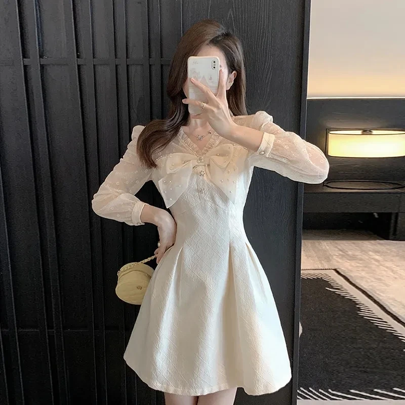 New Spring Vintage Sexy Chiffon Patchwork Tweed Mini Women Ribbon Bow SLong Sleeve Party Dress