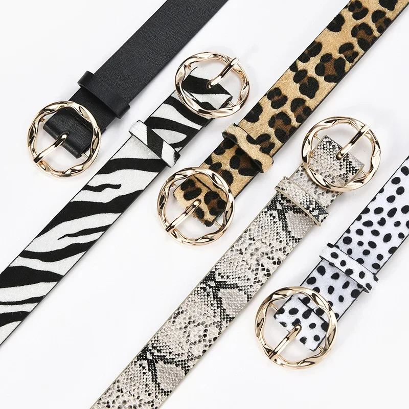 

New Women Leopard Snake Zebra Pattern Snakeskin Skin Cricle Pin Golden Buckle Belts for Dress Jeans Suits Imitation Leather Belt