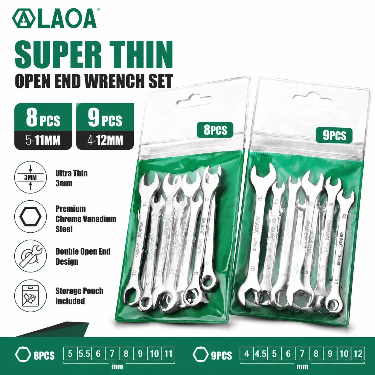 LAOA Super Thin Open End Wrench Set 8PCS 10PCS 3mm Ultra Thin Double End Spanner Chrome Vanadium Steel Hand Tool Set