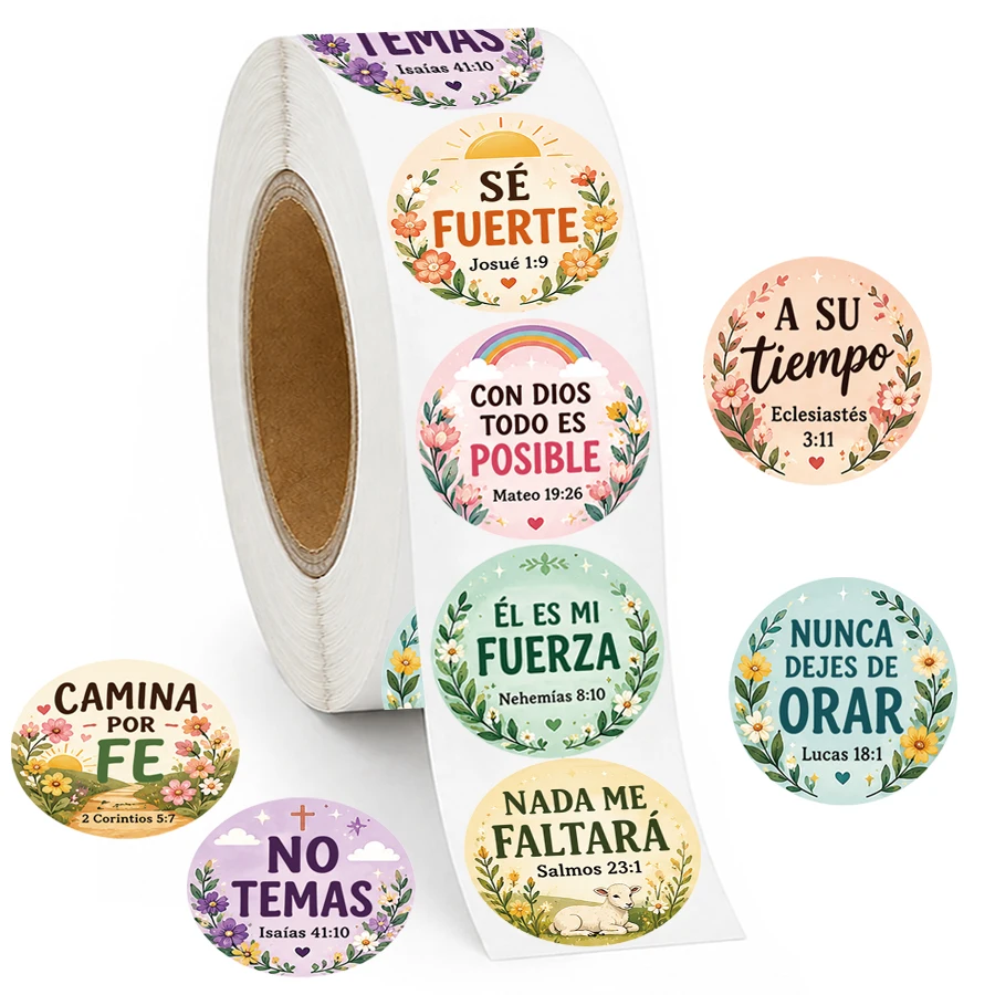 500 Pcs Spanish Christian Stickers Roll, 10 Designs Bible Verse Round Labels, Inspirational Faith Self Adhesive Stickers