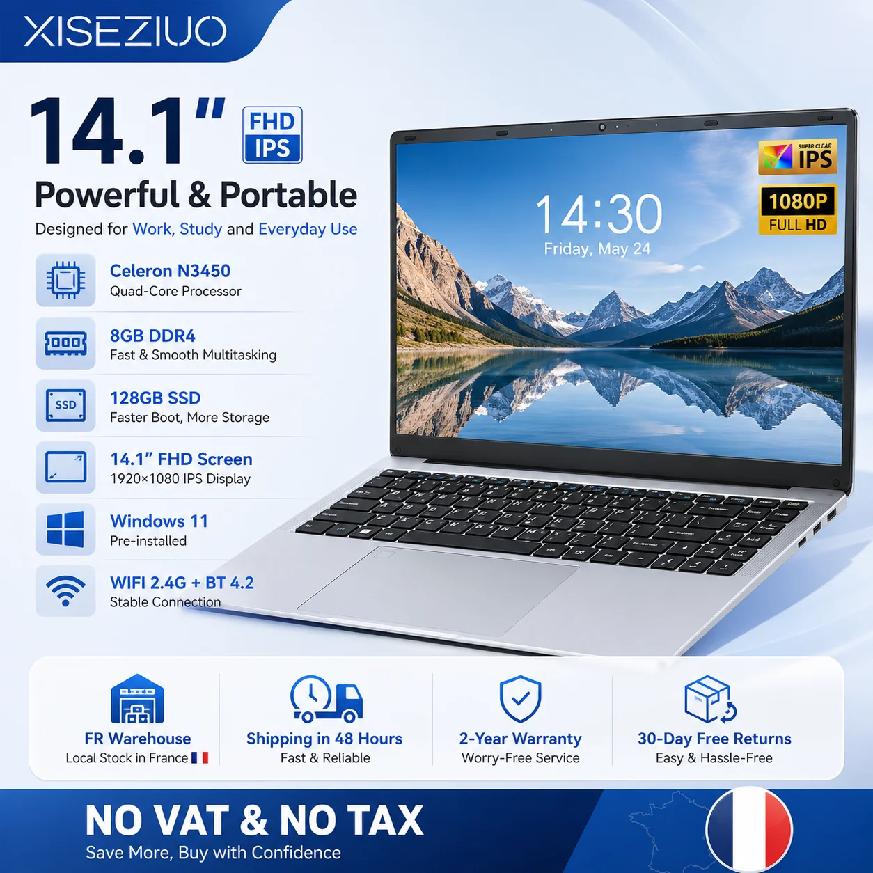 Ordinateur Portable 14,1" FHD IPS 8Go RAM 128Go SSD, Intel Celeron N3450, Windows 11, WiFi, Bluetooth, Mini HDMI, carte mémoire, clavier numérique, éc