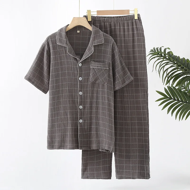 Conjunto de pijama de manga corta y pantalones largos para hombre, 2024 algodón, teñido de hilo, dos piezas, a cuadros, ropa de casa grande, novedad de verano 100%