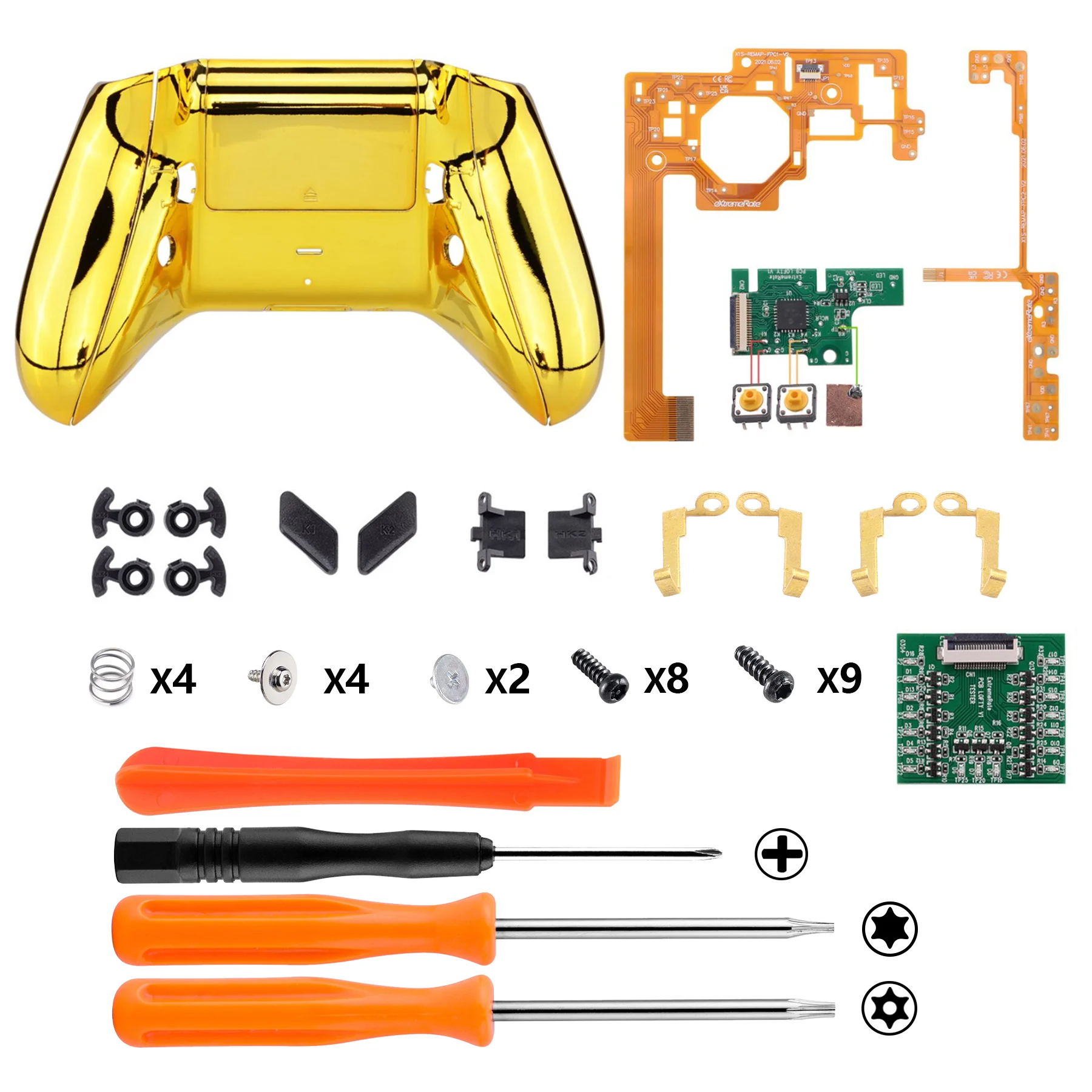 eXtremeRate Chrome Gold Lofty Remap & Trigger Kit & Redesigned Back Shell & Side Rails & Back Buttons for Xbox One Controller