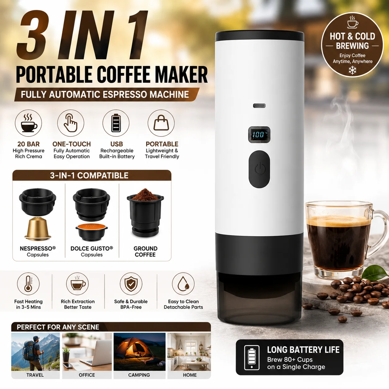 Machine à caf é portable 3 en 1, machine à expresso entièrement automatique, 20 bars, rechargeable par USB, machine à café de voyage compatible avec