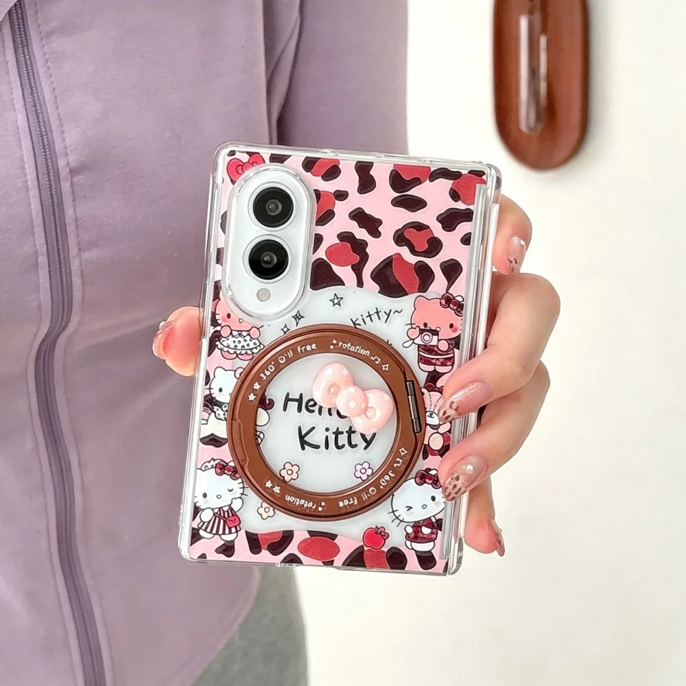 Cute 3D Bow Cartoon Cat Leopard Print Phone Case for Samsung Galaxy Z Fold 8 Fashion Anti-Fall Protective Set with Magsafe Stand