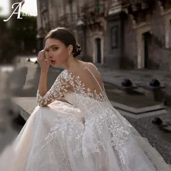 Delicate Lace EmbroideryA-line Wedding Dress With Lace Slevees Gorgeous Vestidos De Novia Grace Row Button On Back Bride Gowns