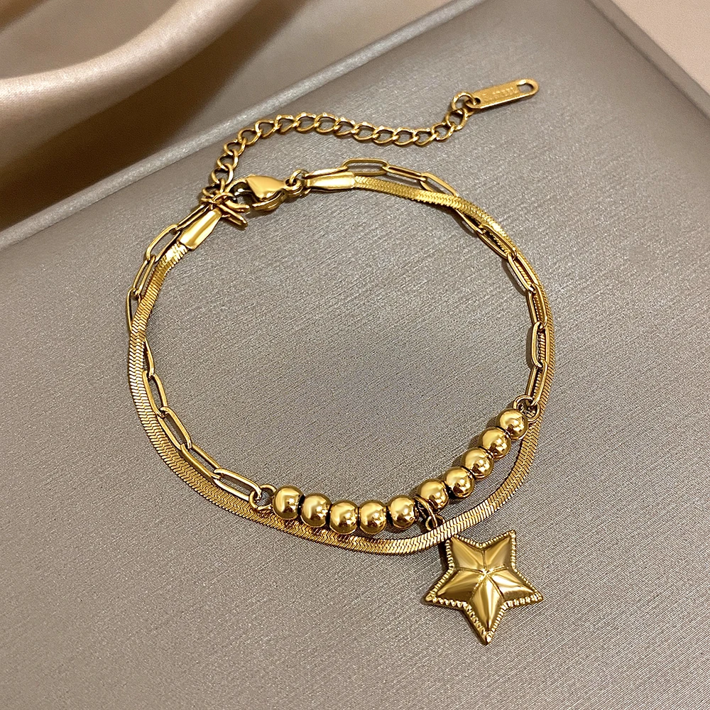 

Stainless Steel Pentagram Star Pendant Charm Bracelet for Women Hip Hop Multi Layer Flat Snake Chain Bracelet Waterproof Jewelry