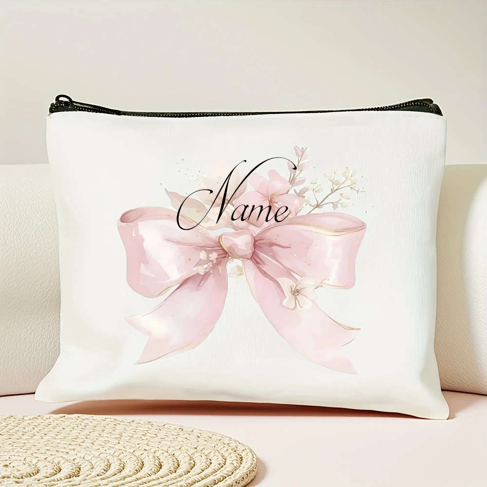 Personalized Pink Bow Girl Inspirational Custom Name Handbag Large Washable Foldable Travel Party Shopping Storage Pouch