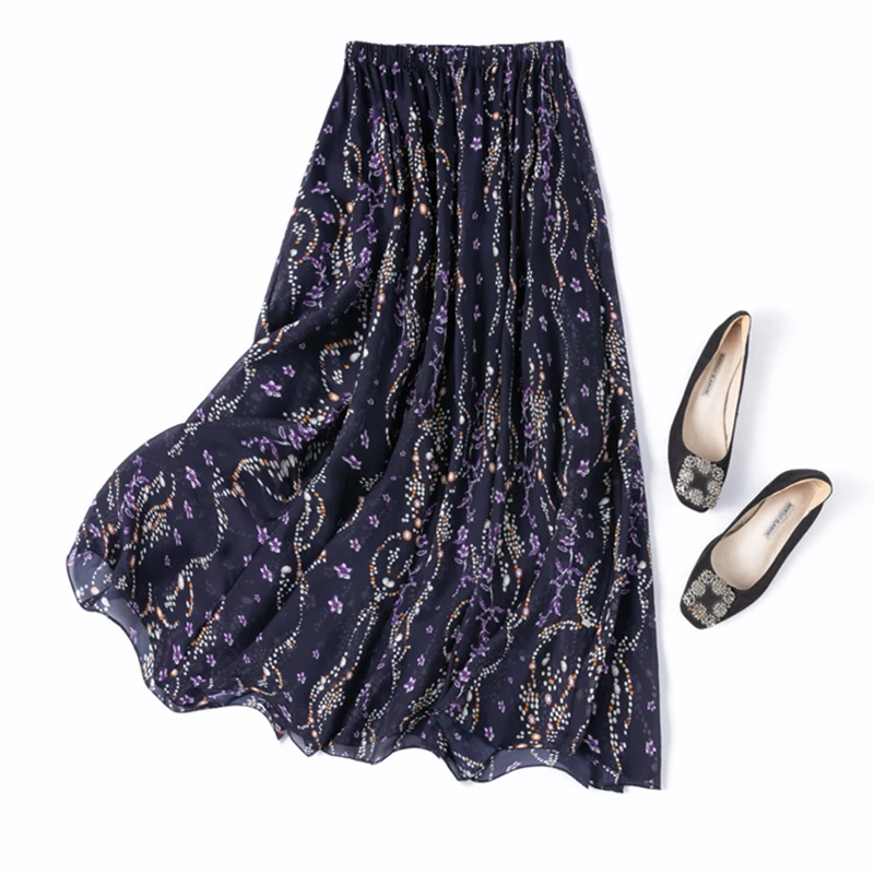 

Women Silk Skirt 100% Mulberry Silk Navy Floral Printed Long Type Skirt With Silk Double Lining Summer Beach Big Hem M1394