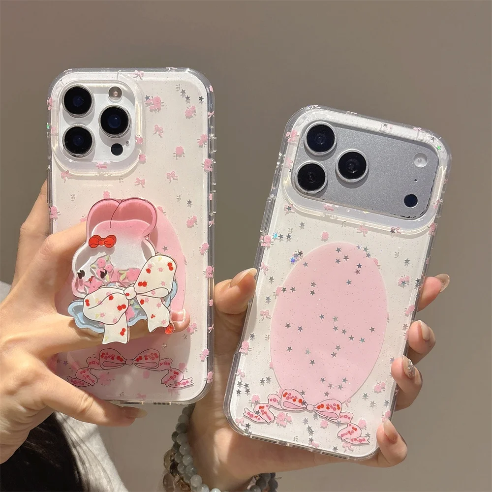 

Glitter Star Bow Cute Phone Case for iPhone 17 Pro 15 14 13 15 Max 16 Pro Max Cover With Rabbit Shake Stand Kawaii Cartoon Cases