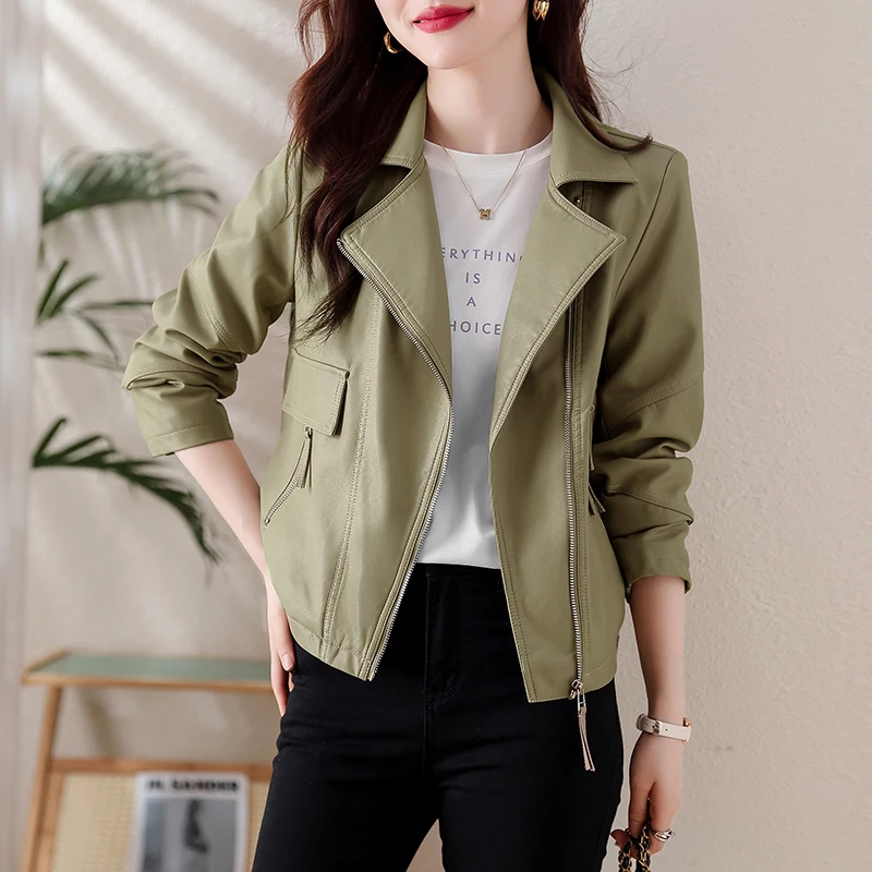 Style Aso Women Spring Small Key Style Thin-looking Short-rider Leather Jacket JP0499