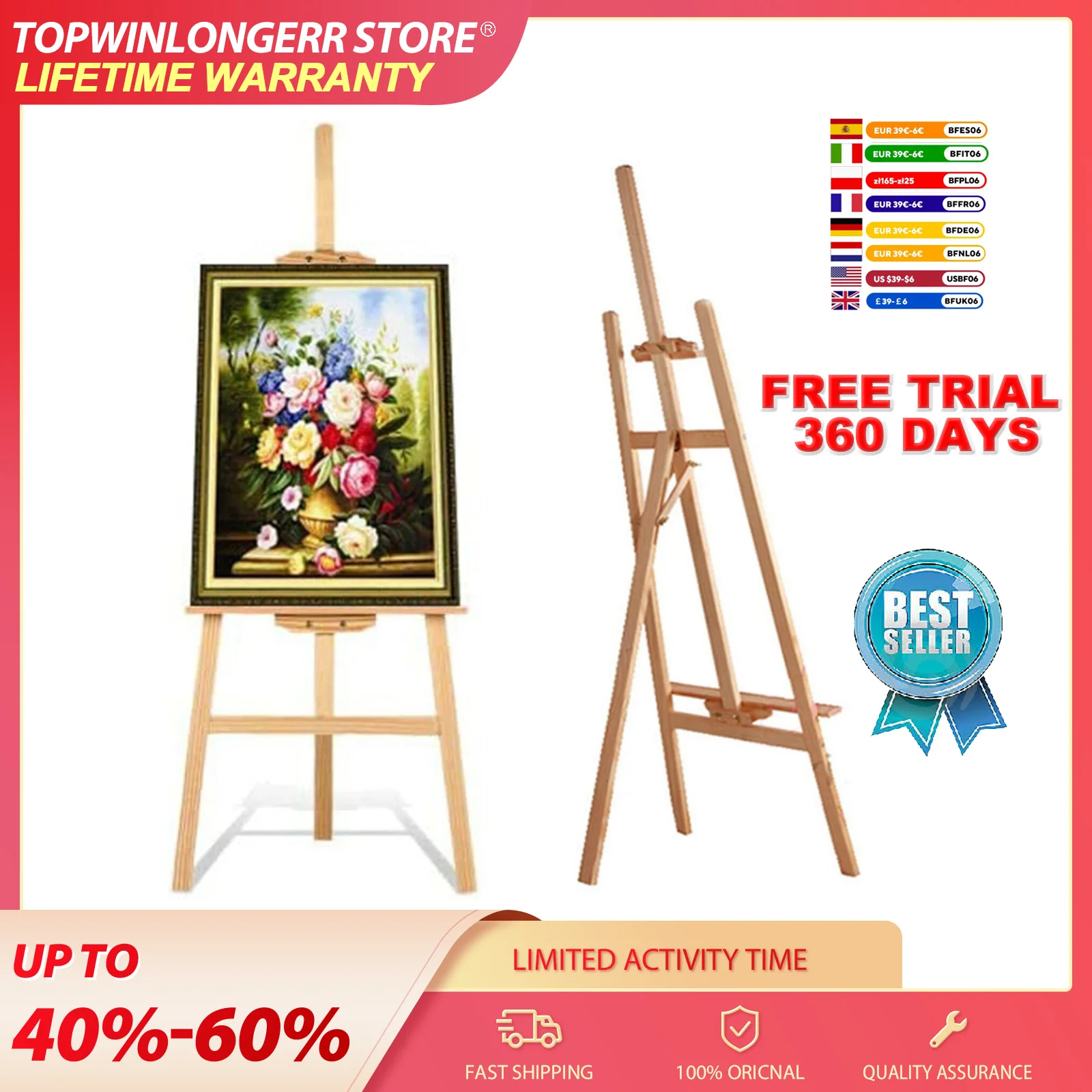 Caballete de Madera Grande de 1.5M para Pintura – Caballete de Arte Ajustable de 59 Pulgadas, Soporte Robusto para Lienzos de Estudio, Caballete Infantil para Dibujo, Caballete de Suelo Portátil para Letreros de Boda, Fiestas, Pósteres o Aulas