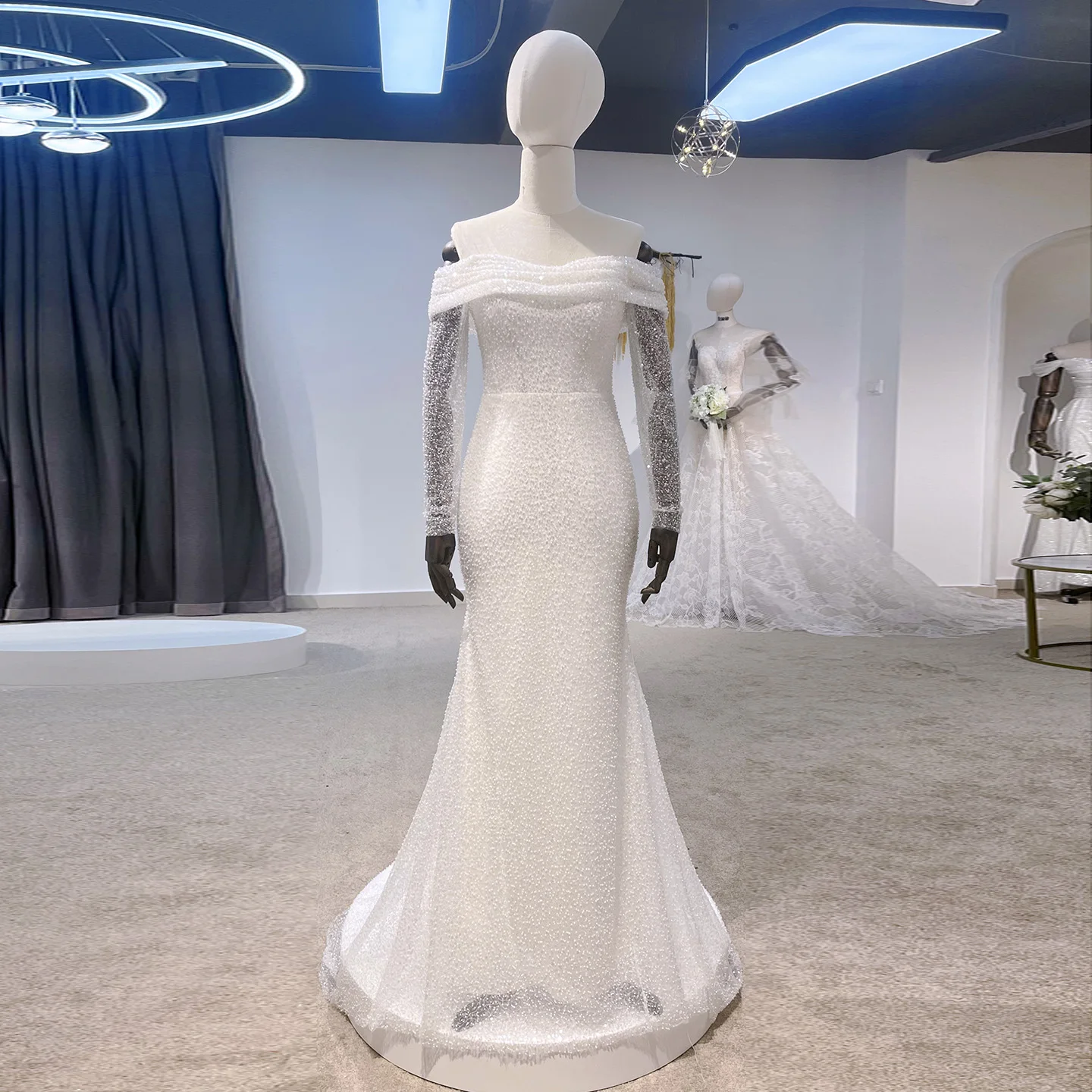 

Sharon Said 2025 Modern High Quality Strapless White Tulle Wedding Dress Long Sleeve Sweep Train Bridal Gown AM010 Customized