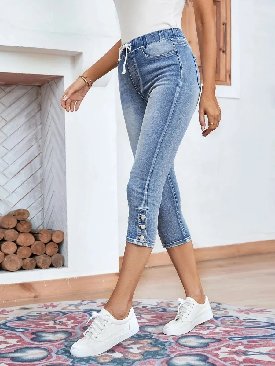 2023 Summer Women\'s Calf-Length Jeans Fashion Skinny High Stretch Elastic Waist Denim Pencil Pants Casual Slim Jeans S-2XL