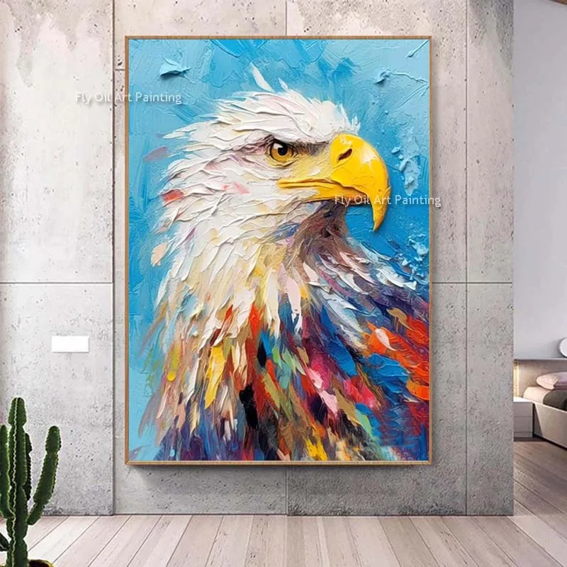 Palette Knife Eagle Oil Painting Blue Abstract Eagle Birdie Abstract Canvas Painting For Wall Art Decor Modern Bird Artwork