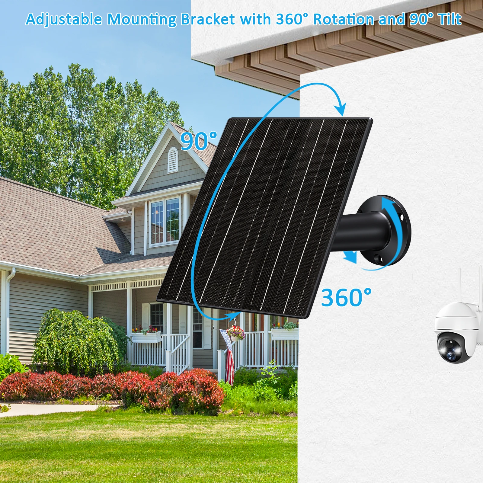 10W Solar Panel for Security Camera 5V 12V Universal Solar Charger with Type-C DC 5.5/4.0/3.5mm Connectors IP66 Outdoor view 3