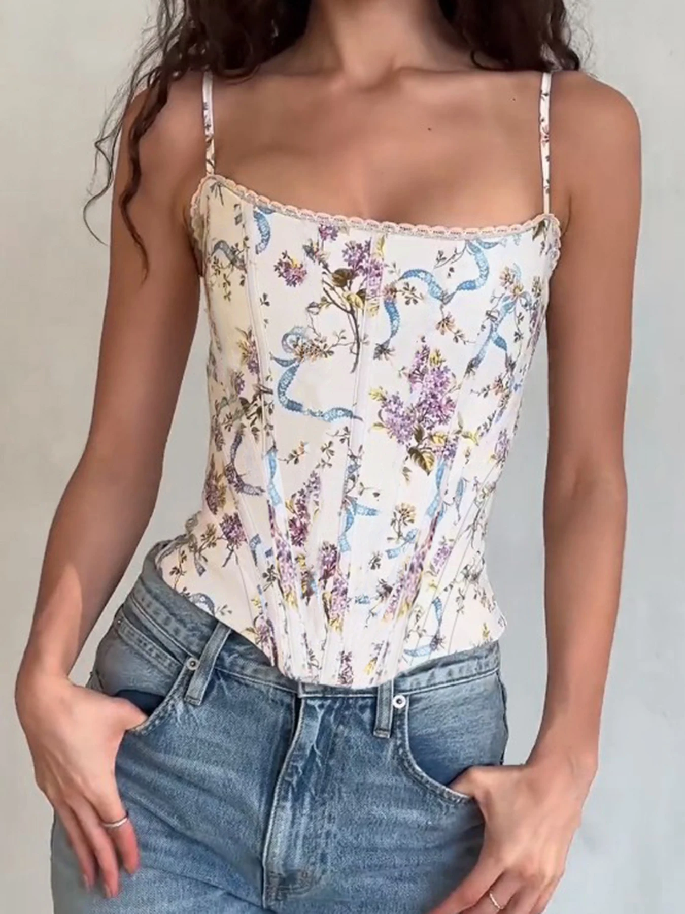 

Rockmore French Floral Print Corset Top Women Elegant Backless Cross Bandage Camis Crop Top Y2K Aesthetic Vintage Female Bustier