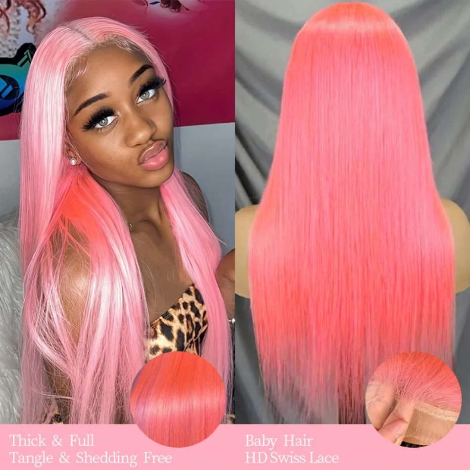 Light Pink Bone Straight 13x4 Lace Front Human Hair Wig13x6 Pink HD Lace Frontal WigStraight Pink Colored Pre Plucked Hair Wigs