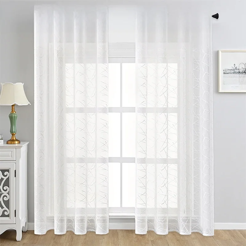 Witte Woonkamer Tule Doorschijnende Gordijnen Voor Ramen Geometrische Voile Gordijn Voor Balkon Massief Cortinas Drapeer Huisdecor Aan Te Passen - afbeelding 2