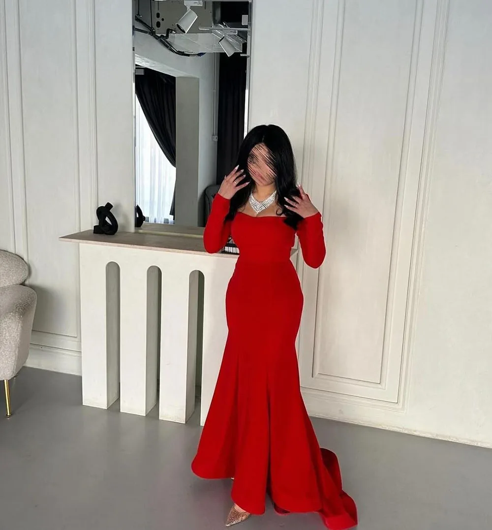 Msikoods Elegant Red Mermaid Prom Dress Elastic Satin Customized Long Sleeves Floor Length Formal Evening Dress vestido de gala