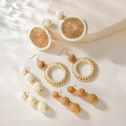 ALLYES Bohemia White Brown Rattan Knit Raffia Drop Earrings for Women Handmade Geometric Round Summer Beach Earrings Jewelry