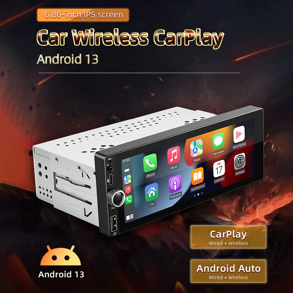 1Din Android 13.0 Car Radio Wireless CarPlay Android-Auto Bluetooth Handsfree GPS FM RDS USB 