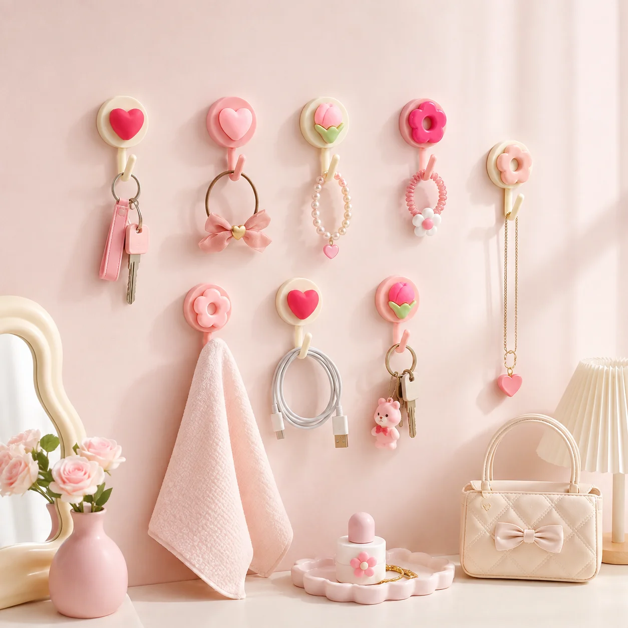 4Pcs Cute Flower Heart Adhesive Wall Hooks No-Drill Strong Sticky Hangers for Keys Towels Bags Home Bathroom Decor