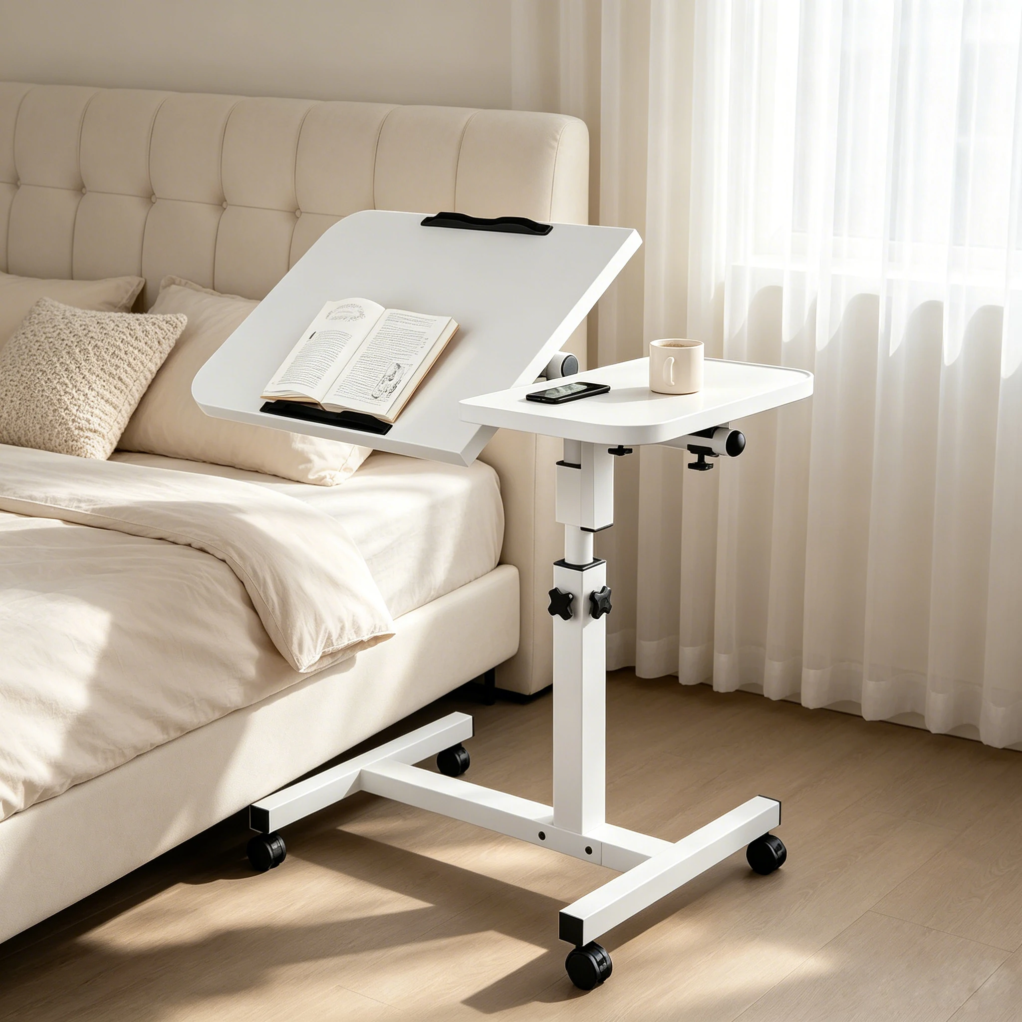 Bureau d'ordinateur portable réglable sur roulettes, table de lit inclinable à 180° °   Plateforme principale inclinable 40×40 cm, plateau latéral de 20 cm, butées de sécurité antidérapantes, cadre en acier au carbone, 360° °   Roulettes verrouillables pour canapé-lit