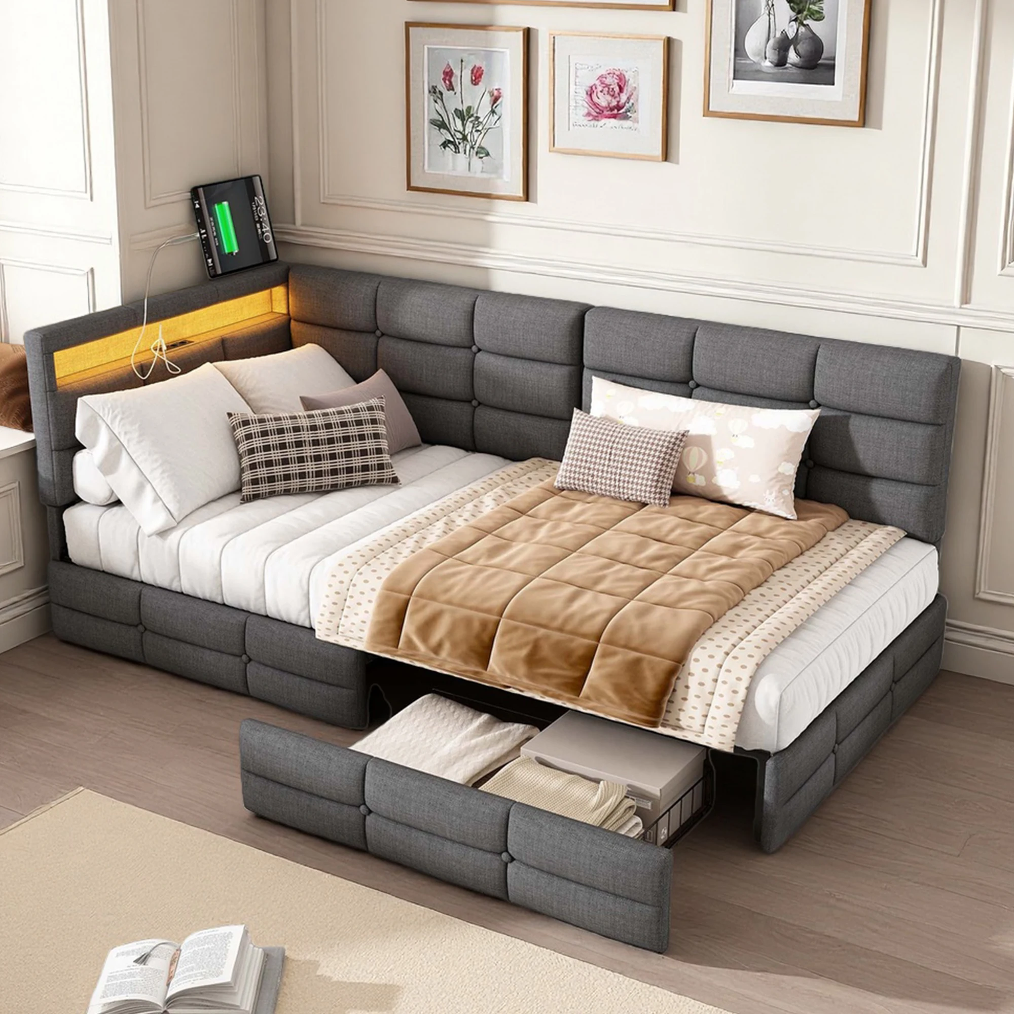 Divano letto Superaly 90x200 cm con 2 cassetti, letto imbottito, divano letto, letto singolo con spazio contenitivo, letto angolare a forma di L, struttura letto con doghe, letto per ragazzi, tessuto
