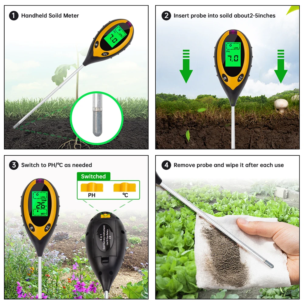 NOYAFA TR-02 4 Em 1 Solo PH Medidor Umidade/Temp/Solo PH Tester Medidor De Intensidade De Luz Solar para Jardinagem Plantas Agricultura com Backli