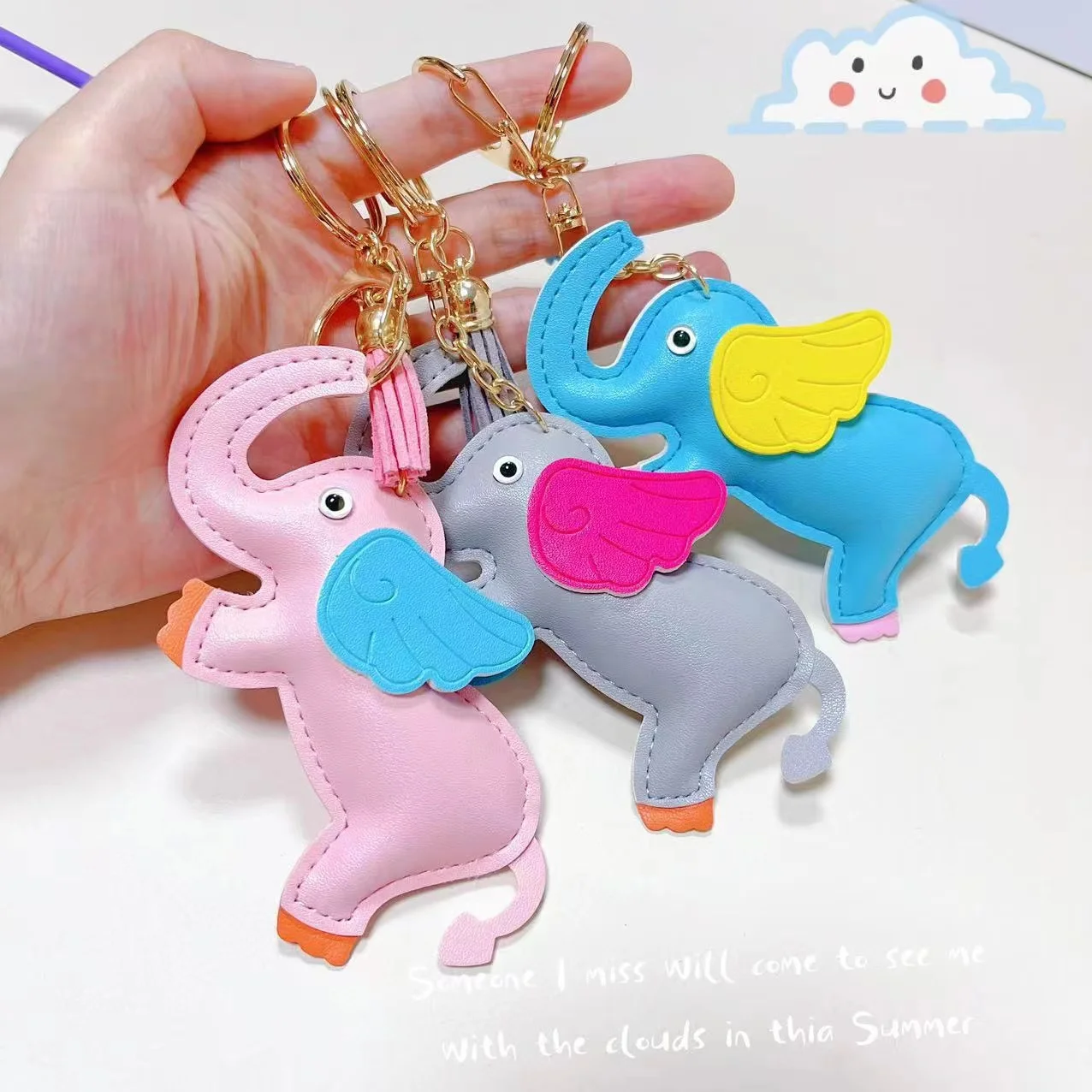 Flying Wings Elephant Keychains Women PU Leather Hanger Pendant Decoration For Bag Car Keyring Accessories Gifts