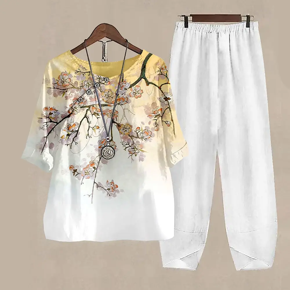 Ladies Elegant Vintage Suit Butterfly Print White Two Piece Set Casual Female Loose Outfits O Neck Short Sleeve Shirt With Pants