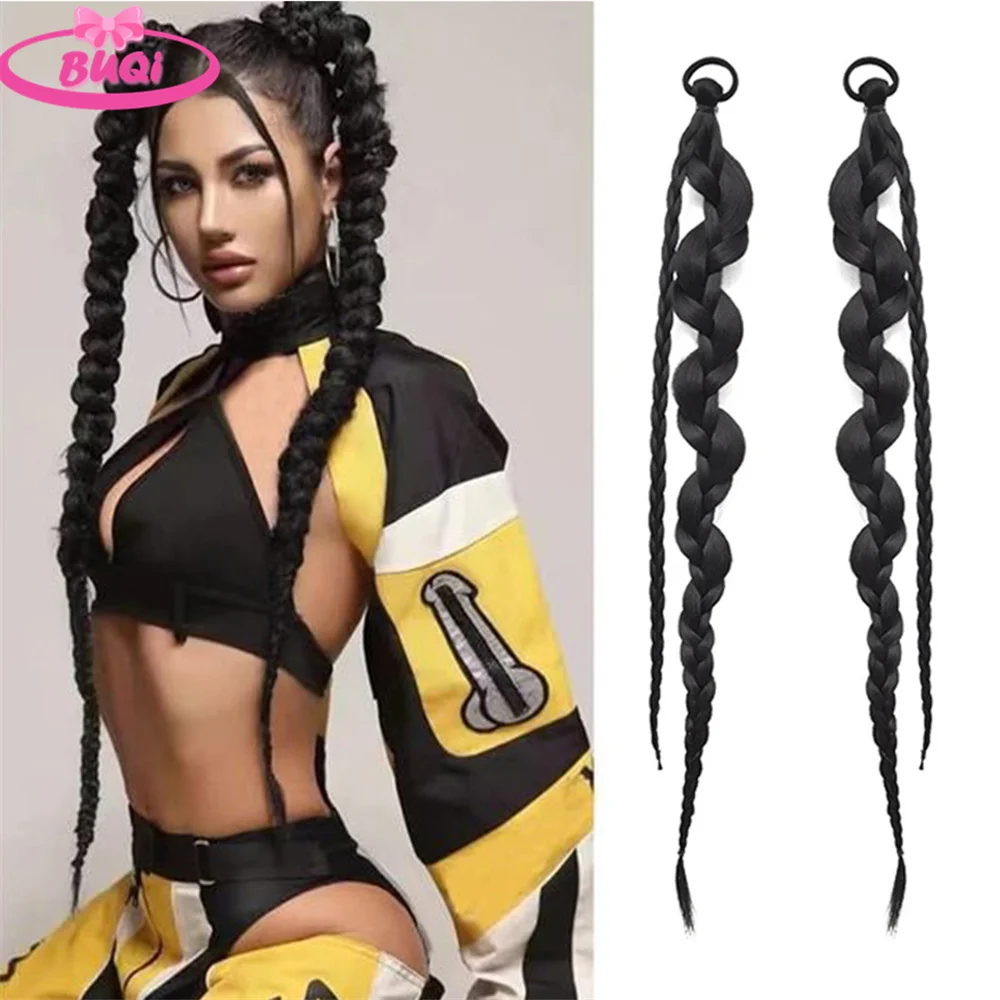 

BUQI Long Braiding Hair Extensions 2 Pieces Set Twisted Box Braided Ponytail Extension with Rubber Bands Double Fishtail Braided