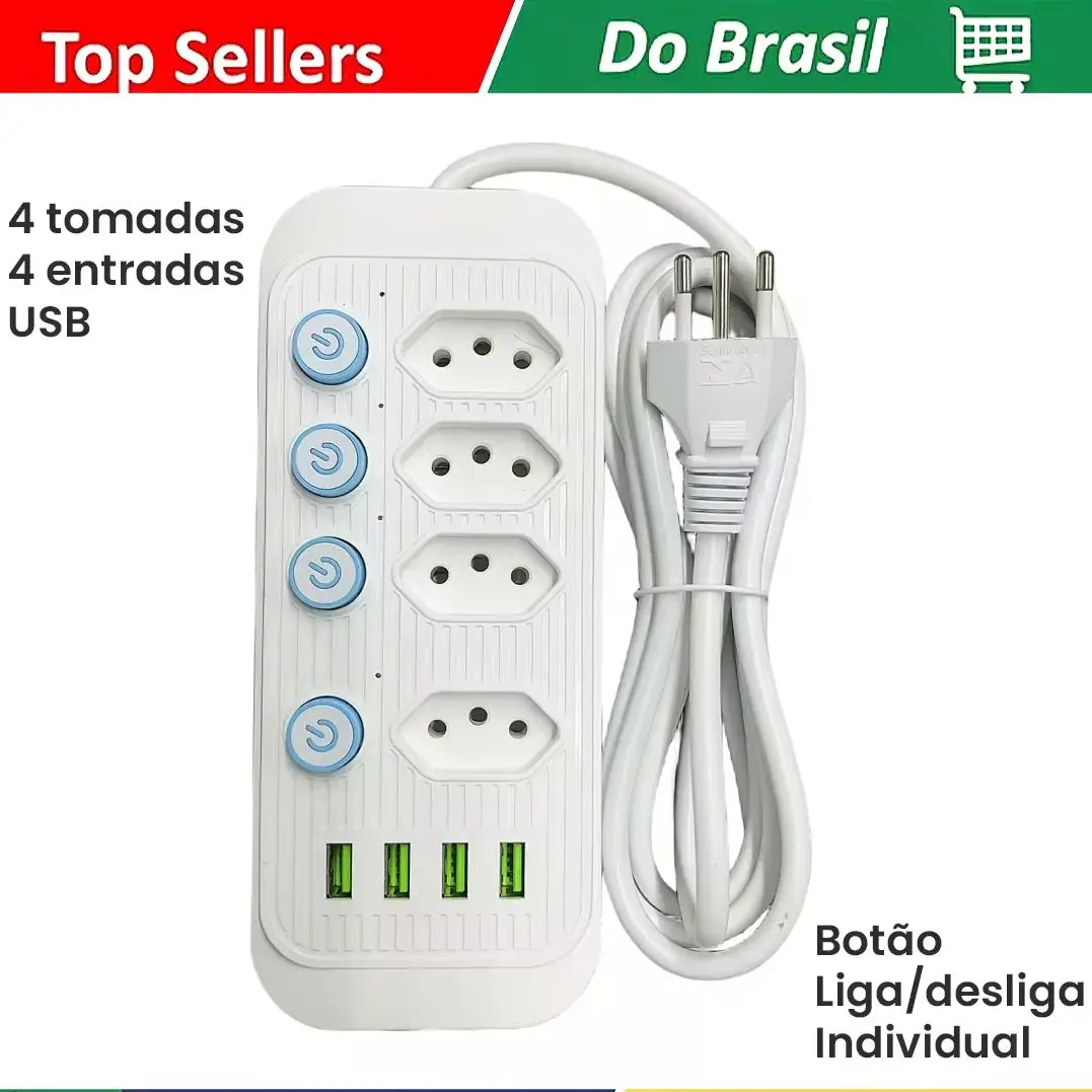 .Extensão 4 Tomadas + 4 Usb Antichamas Led Bivolt 110v/220v